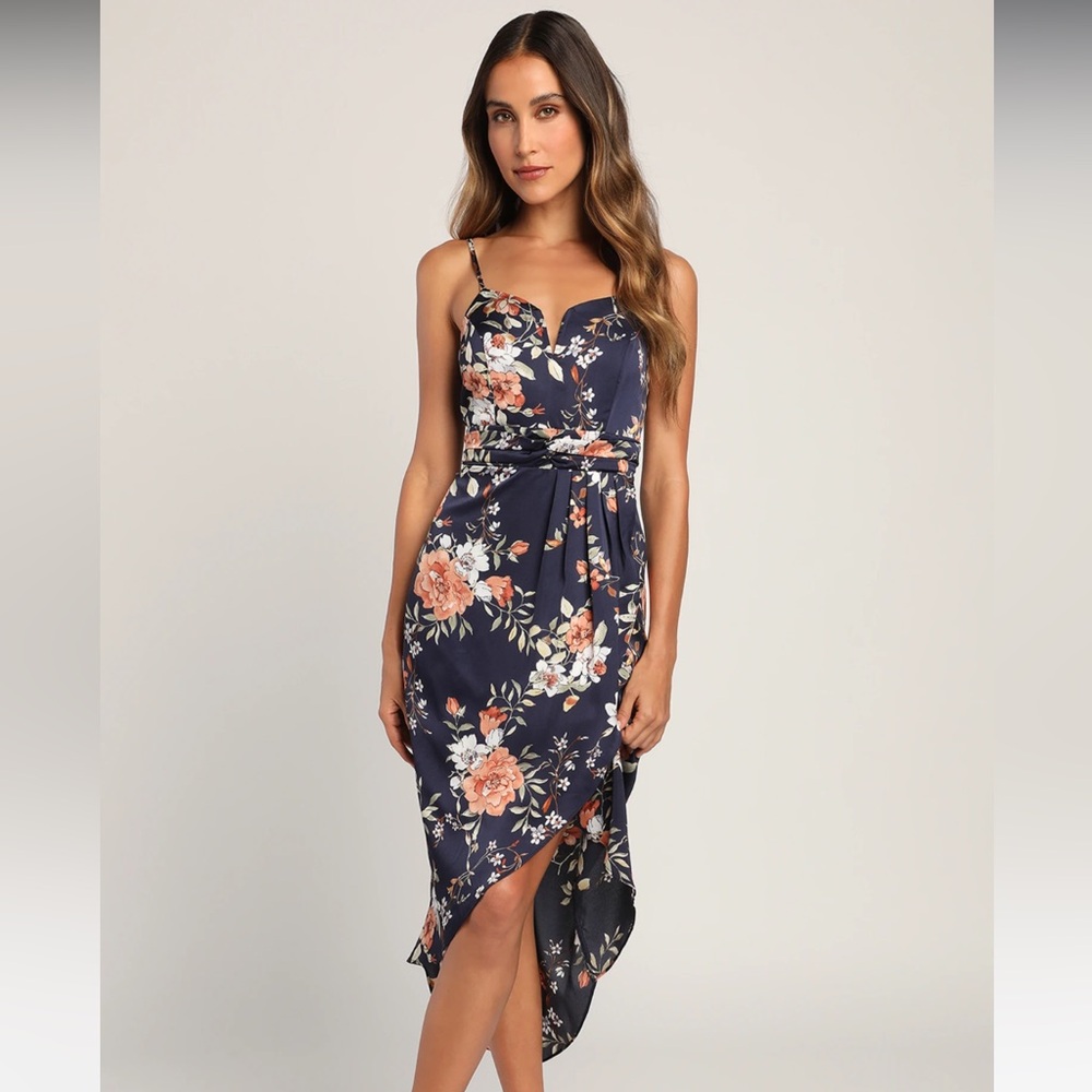 Lulu’s My Favorite Day Navy Blue Floral Print Tulip Skirt Midi Dress NWT